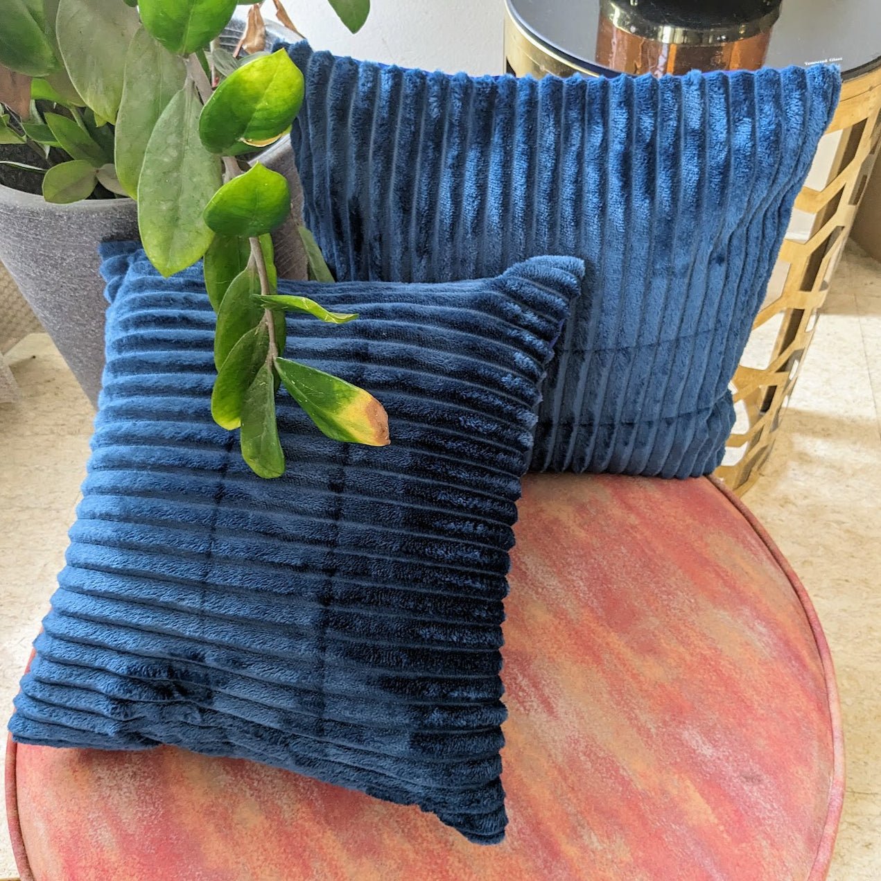 Velvet Trail Steel Blue Cushion Cover, Pack of 2, 16" x 16" - Coral Slub -